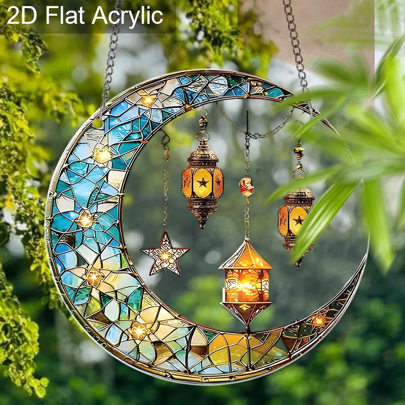Acrylic Crescent Moon with Lanterns Suncatcher Stained Glass Effect Window Hanging Ornament Boho Lover Gifts
