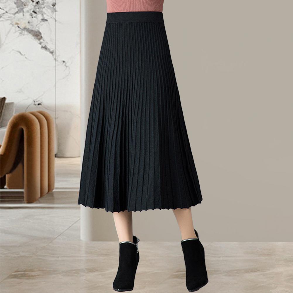 Women Pleated Skirt Elastic High Waist A-Line Midi Solid Color Mid-calf Length Skirt Thickened Commuting Style Skirt