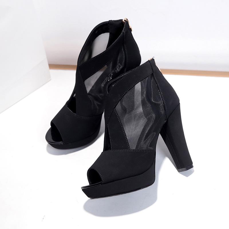 Women's Sandals Summer New Mesh Breathable High Heels Women's Shoes European and American Style Thick Heel Fish Mouth Sandals Women