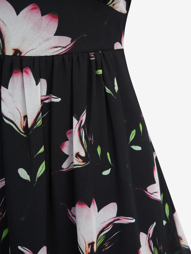 Rosegal Plus Size Floral Leaf Printed Ruffles Layered Chiffon Asymmetric A Line Midi Dress