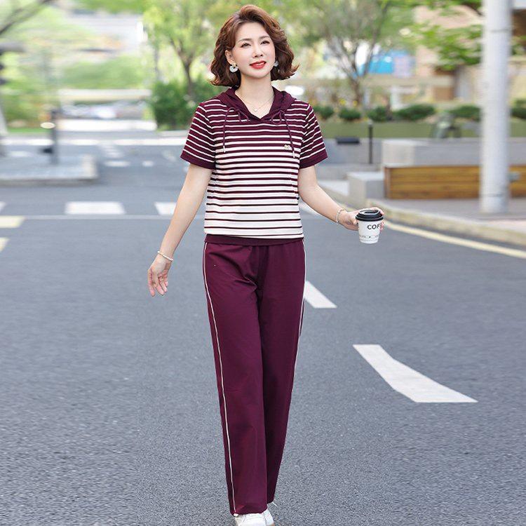Stylish Summer Sportswear Set for Middle-aged Women - Ice Silk Short-sleeve Top & T-shirt Combo