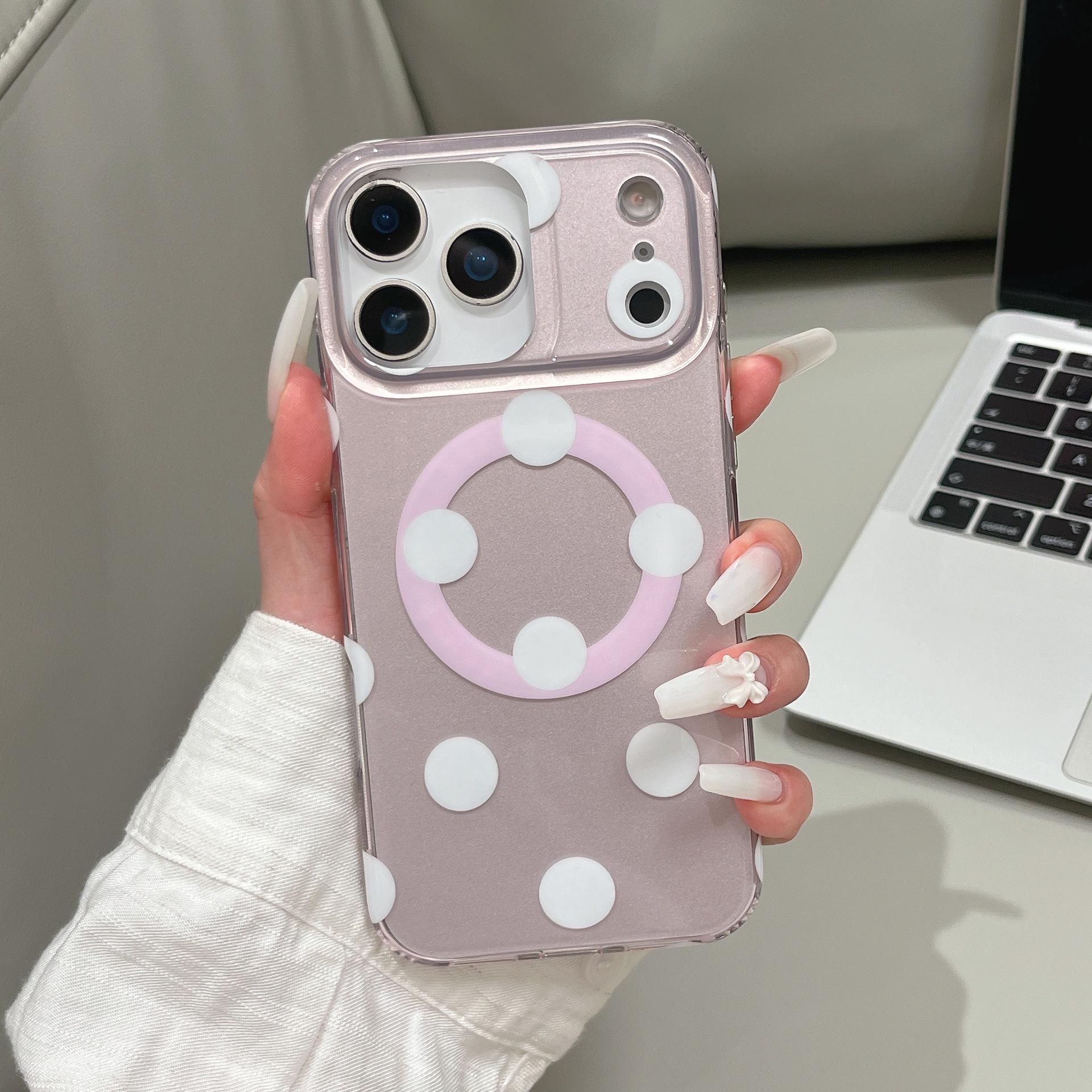 Magnetic Light Pink Polka Dot iPhone 17 Pro Max Case, Double Layer IMD Design 14 Pro Max