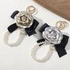 Elegant PU Leather Rose Camellia Flowers Imitation Pearls Chain Pendant For Women Trinket Ring Bag Pendent Charm
