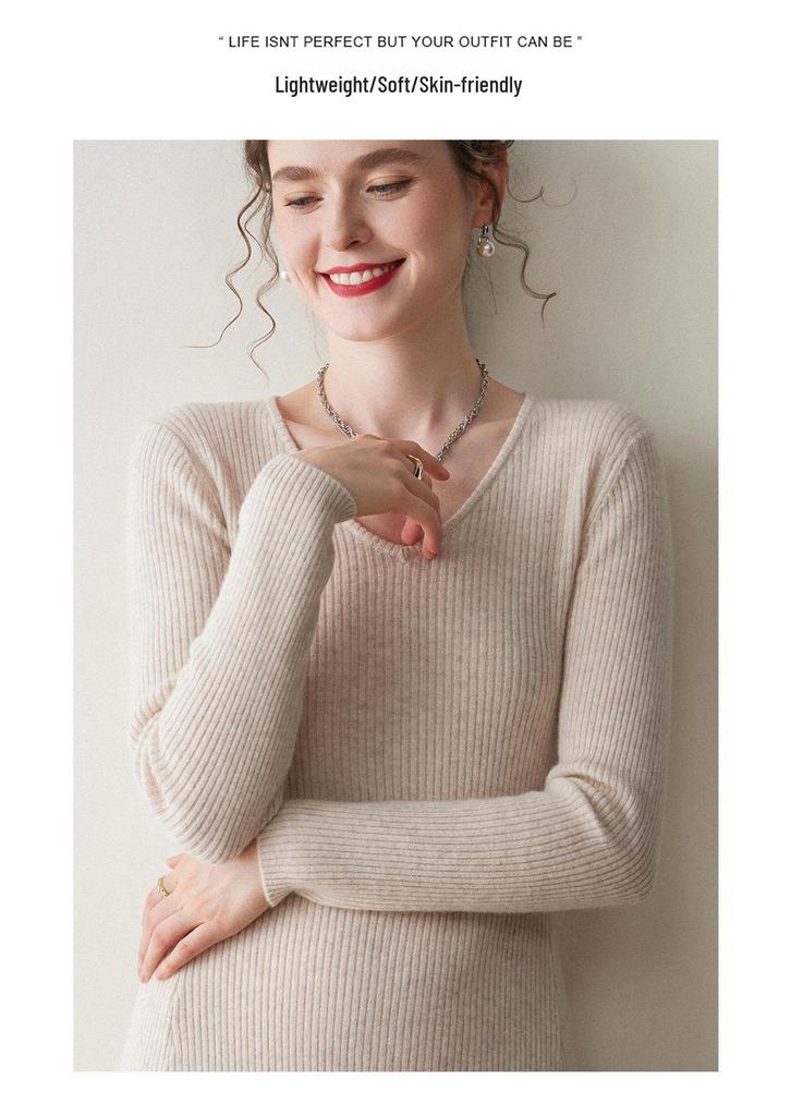 Women's Slimming V-neck Cashmere Knit Dress - Long Wool Dress for Autumn/Winter
