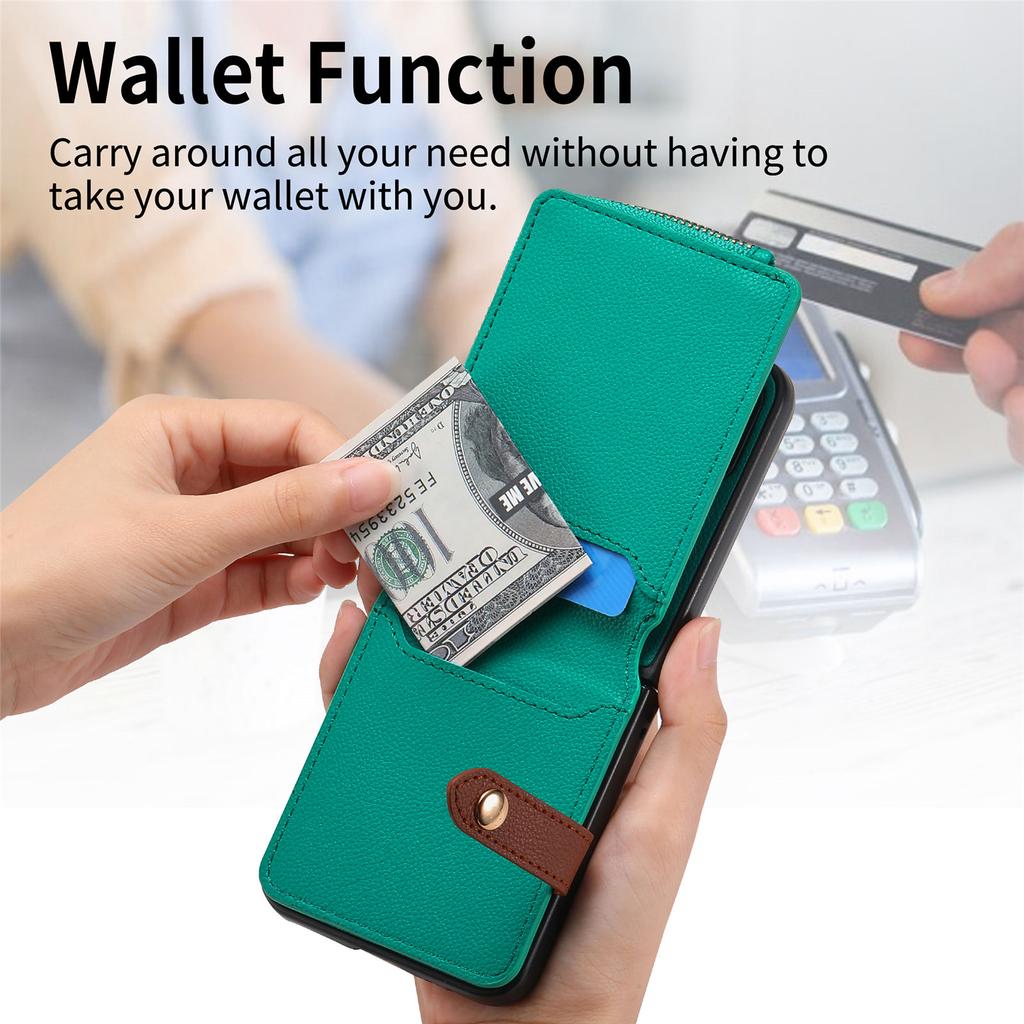 For Samsung Galaxy Z Flip7 5G Case Zipper Pocket Leather + PC Phone Cover with Ring Holder