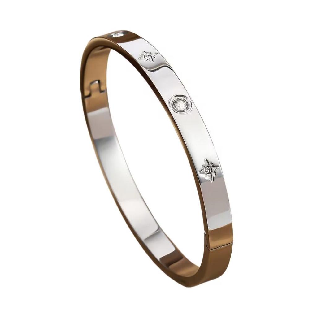 Titanium Steel Rhinestone Open Bangle with Eight-pointed Star Design - Fade-resistant Women's Bracelet
