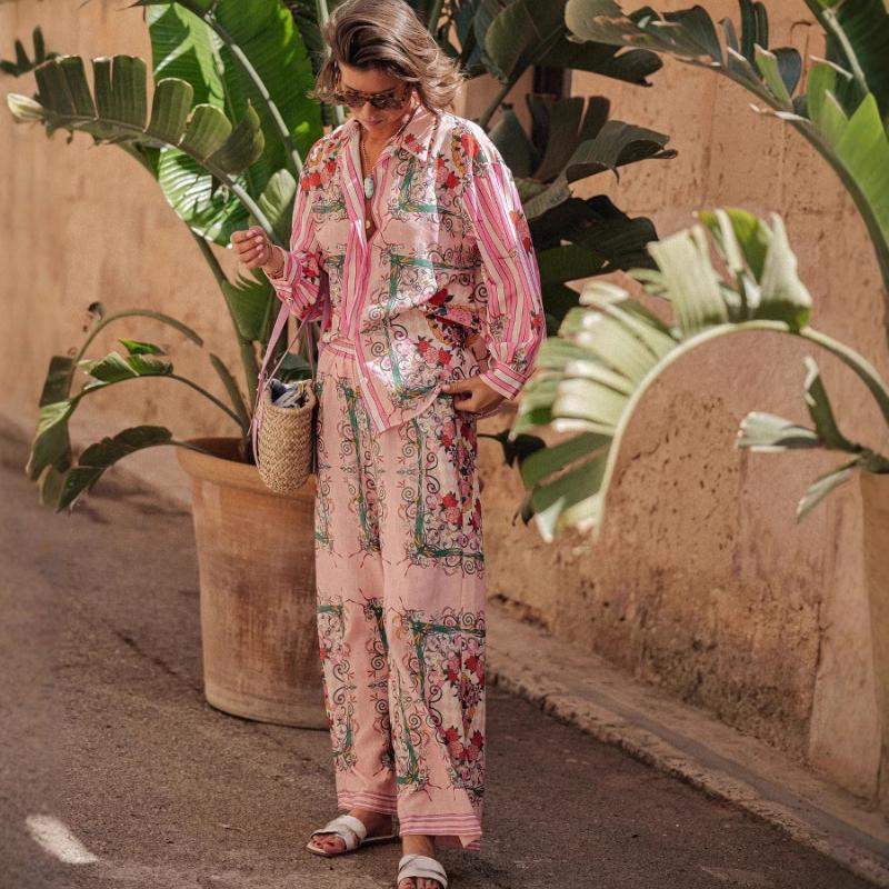 Women's Fashion Linen Personality Printed Macaron Color Long-sleeved Shirt Suit