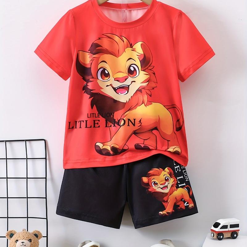 Men Clothes 2pcs Boys Fun Cartoon Bear Print Short Sleeve T-Shirt Shorts Set Summer Active Boys Complete Stylish Look