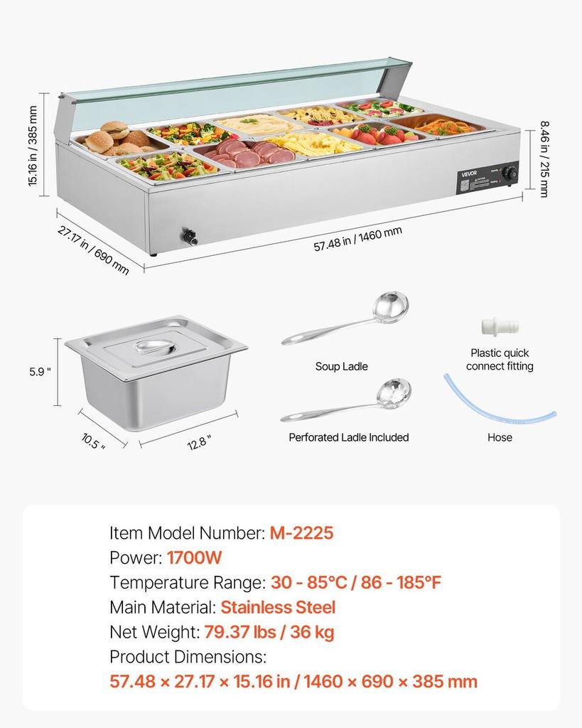 Commercial Food Warmer, 1700W Electric Stainless Steel Steam Food Warmer with Glass Cover, 10-Pan Countertop Buffet Bain Marie with Soup & Perforated