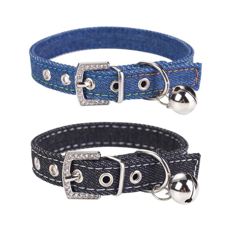 Adjustable Pet Collar with Bell Simple Design Leather Denim Necklace for Small Medium Dogs Cats Durable Safe All Breeds