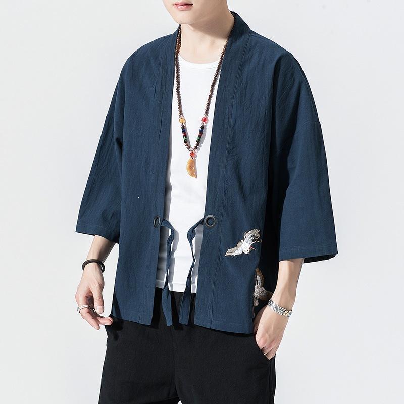 Mens Chinese Style Cotton Tang Suit Embroidery Kimono Cardigan Coat