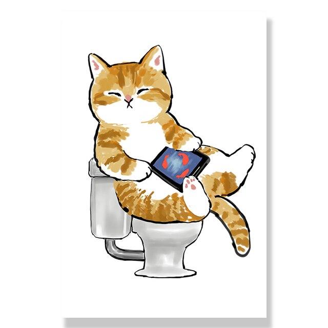 Toilet Cat Playing Mobile Phone Paper Poster Simple Pet Prints Canvas Painting Wall Art Pictures Home Bathroom Room Decoration