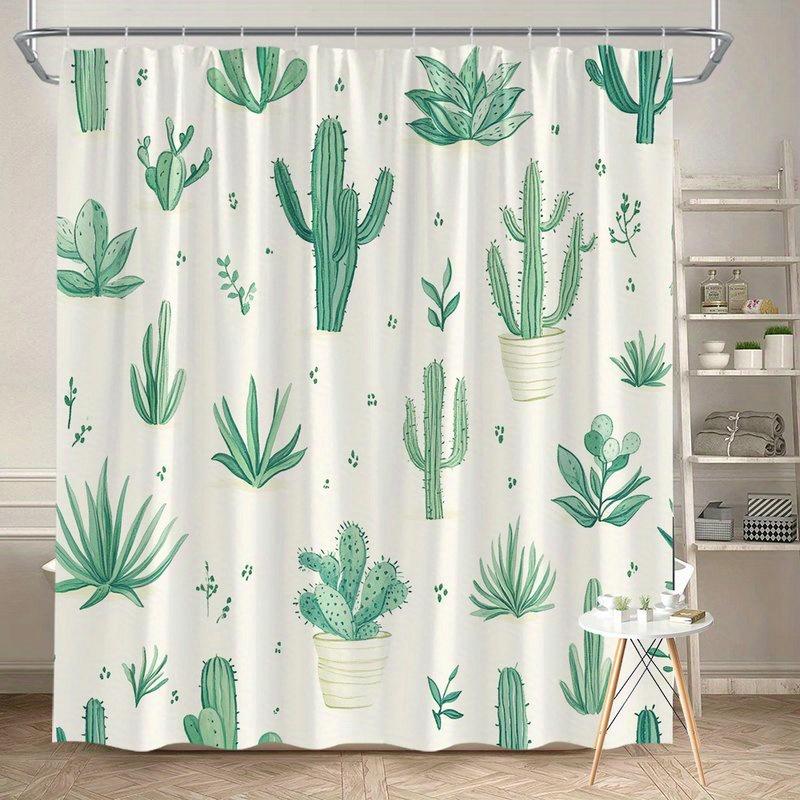 

Cactus And Succulent Shower Curtain – Watercolor Plant Illustrations, Green On Cream, 2D Flat Print, Polyester, 70.8 X70.8 Inch W60H190(CM)-1 Pcs