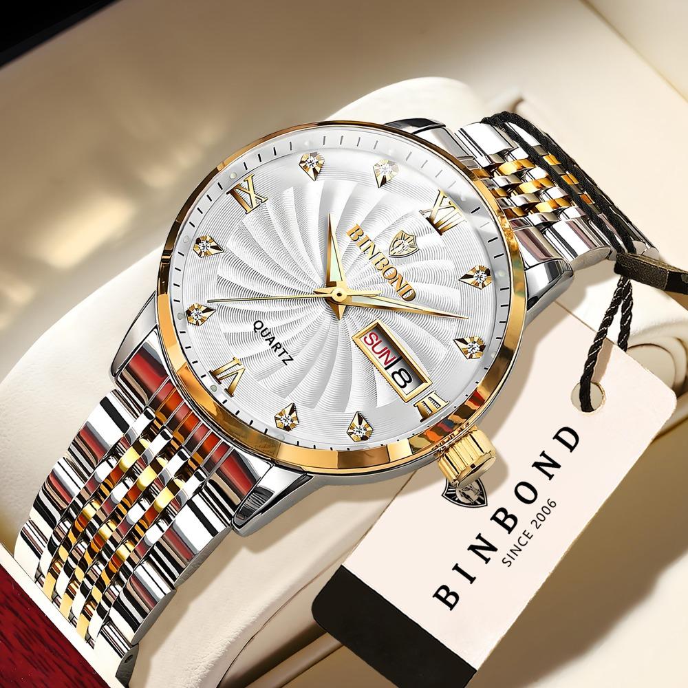 BINBOND Quartz Watches for Men Luxury Luminous Waterproof Precise Auto Date Week Display Men's Watch Casual Sturdy Reloj