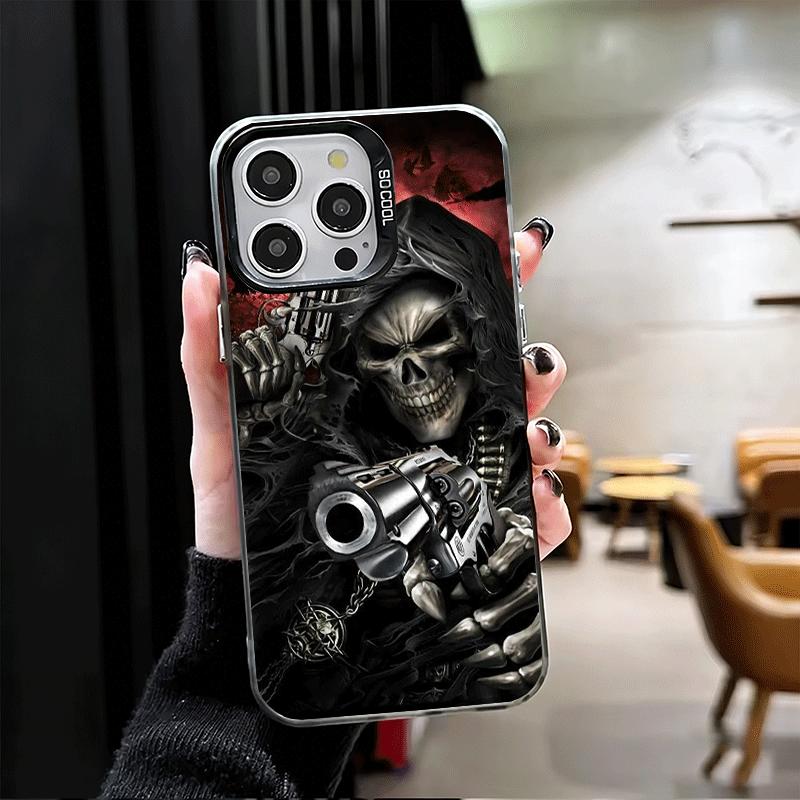 

Ударопрочный чехол для телефона iPhone 17 Air 16 16E 15 Pro Max 14 Plus 13 Mini 12 с рисунком Череп Жнеца Скелет Пистолет, Задняя крышка, Защита от падения Fund iPhone 13 Pro