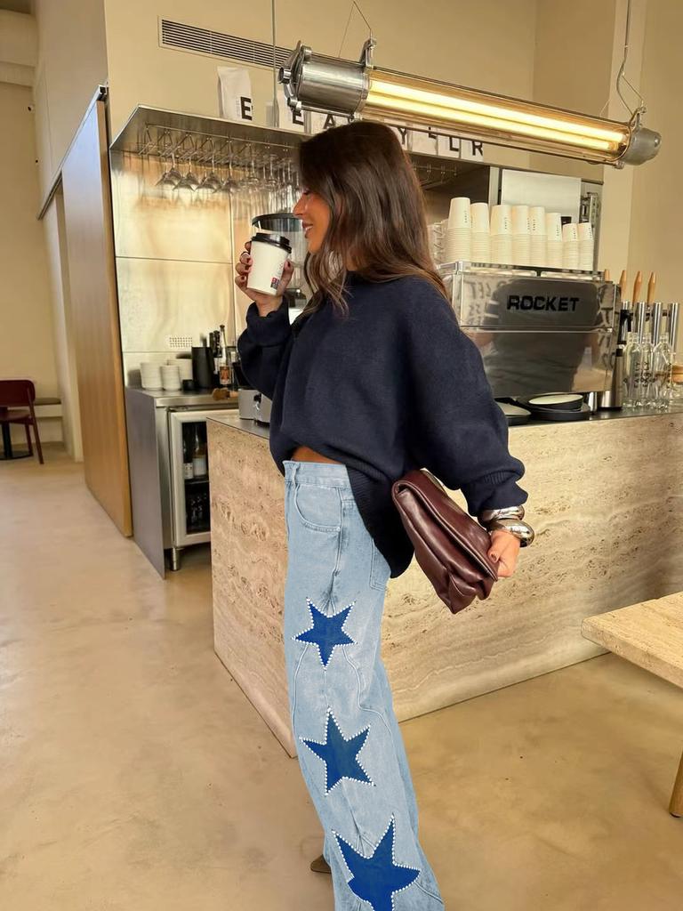 Women's New Fashion Casual Five-Point Star Loose Straight Jeans Pants 