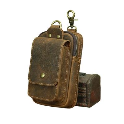 Genuine Leather Retro Crazy Horse Leather Waist Bag First Layer Cowhide Belt Hanging Bag Leather Multifunctional 7-inch Mobile Phone Hanging Bag