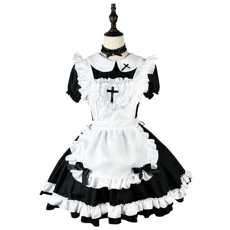 2022 New Japanese Classic Short-Sleeved Maid Cute Japanese-Style Maid Cosplay Women s Maid Dress Dress Does Not Include Cat Ears (Black Collar Version) S