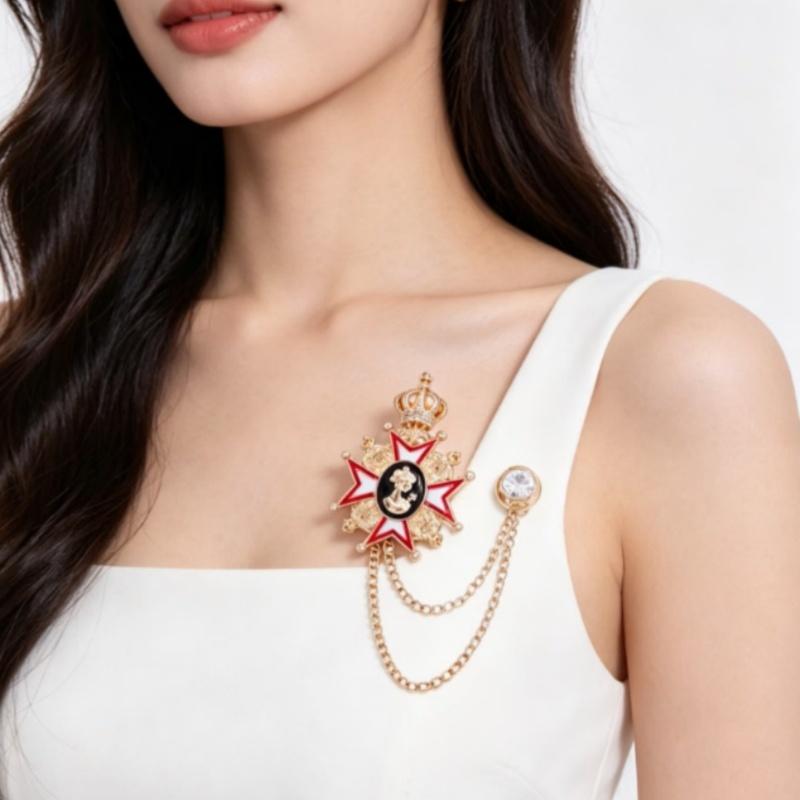 Gold Crown Metal Breast Pins with Dotted Paint and Tassels for Elegant Medal Accessory