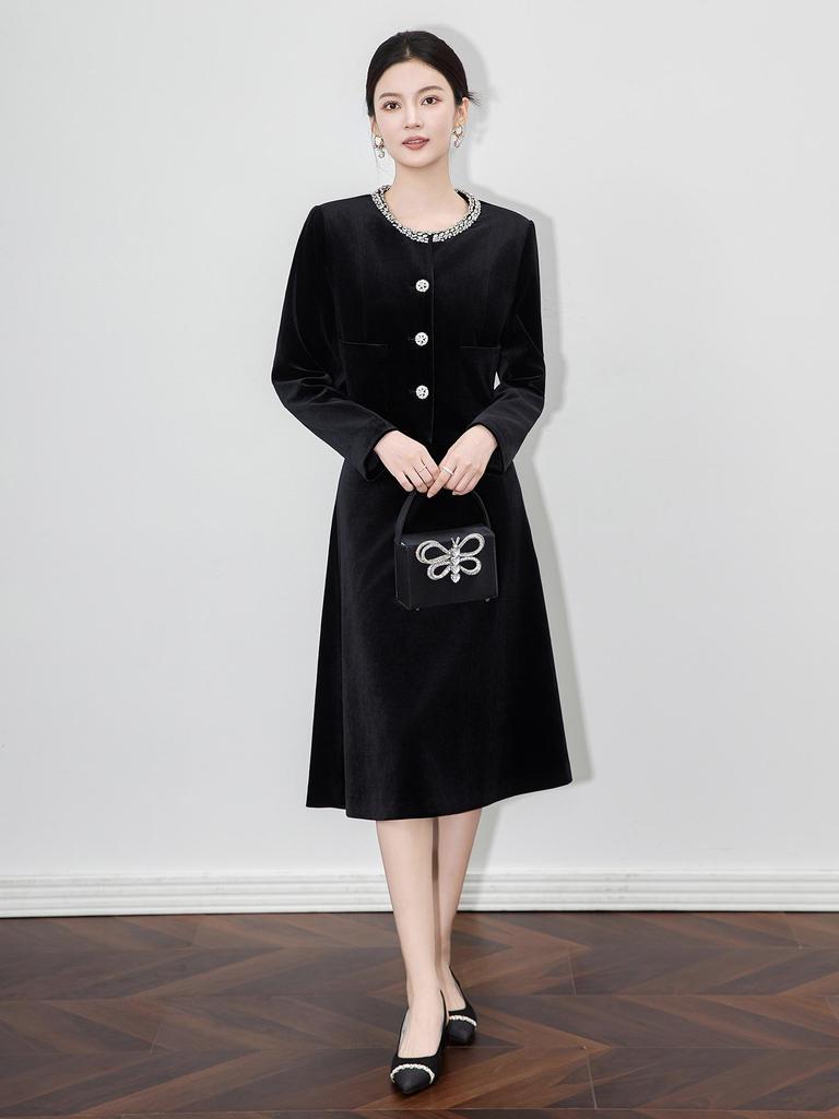 French Chic Beaded Velvet Jacket & Swing Midi Skirt Set