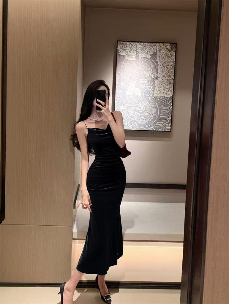 Luxurious French Gold Velvet Fishtail Slip Dress for Women - Autumn/Winter Sexy Bodycon with Hip-Slit for Evening Wear
