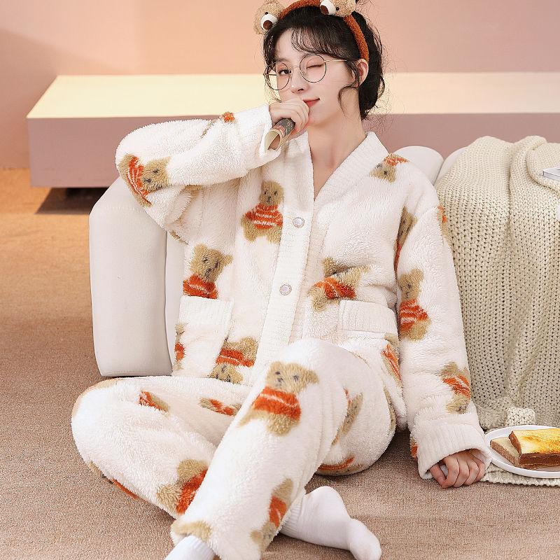 Pijamale noi Costum de iarnă pentru femei Flanel Toamnă și Iarnă Îmbrăcăminte de casă de mărime mare Imbracaminte de acasă pentru studenți, îngroșat, din catifea de corali