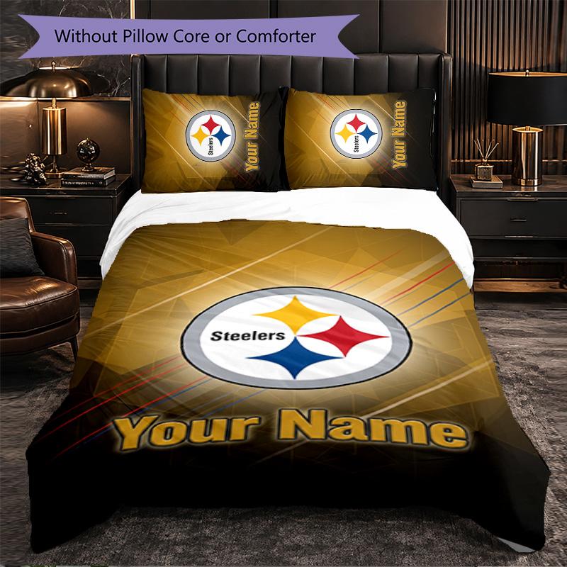 Pittsburgh Steelers Customized Name Text Bedding Set, 1 Duvet Cover & 2 Pillowcases Personalized Bedroom Gift