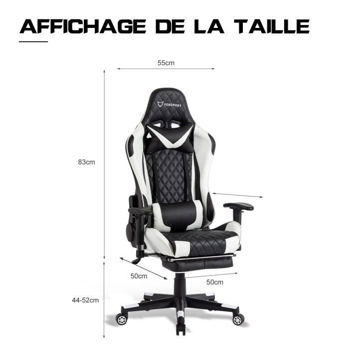 Fauteuil De Bureau - Gamer - Réglable - Repose-pieds - Coussin De Tête - Coussin Lombaire - Blanc