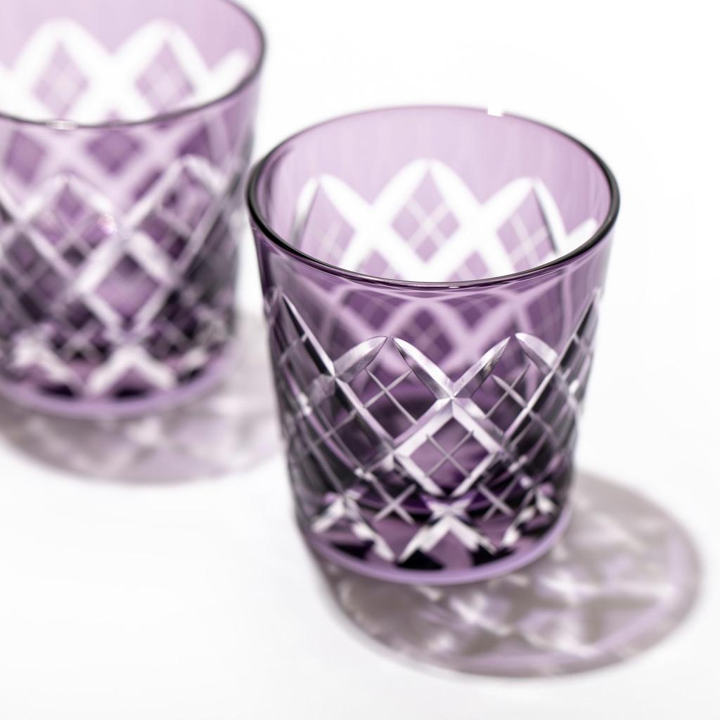 Kobo Edo Kiriko Yarai Crest Cold Sake Cup Pair Wooden Box Made in Japan [Taimuro Official] (Edo Purple) TB90152-1Ms