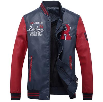 2 Leather Stadium Jumper Riders Jacket Sukajan PU Leather Cold Protection Outerwear KB80 [Make Be] Men's (41.R_Navy_L)