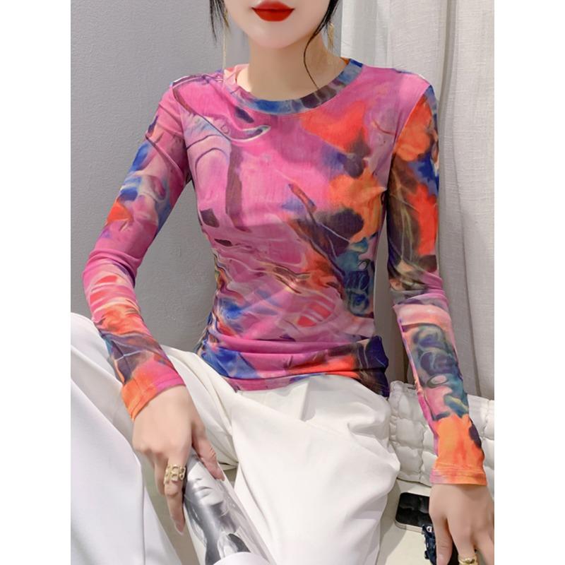 S-3XL Stretchy Mesh Tee TShirt Women O-Neck Full Sleeve Printing T-shirts Female Elegant High Stretch Slim Top