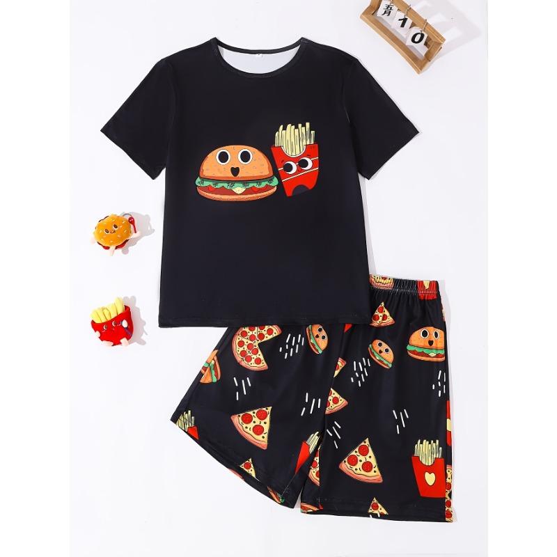 

Men s summer thin black burger fries printed short-sleeved round neck T-shirt shorts casual pajama set XL
