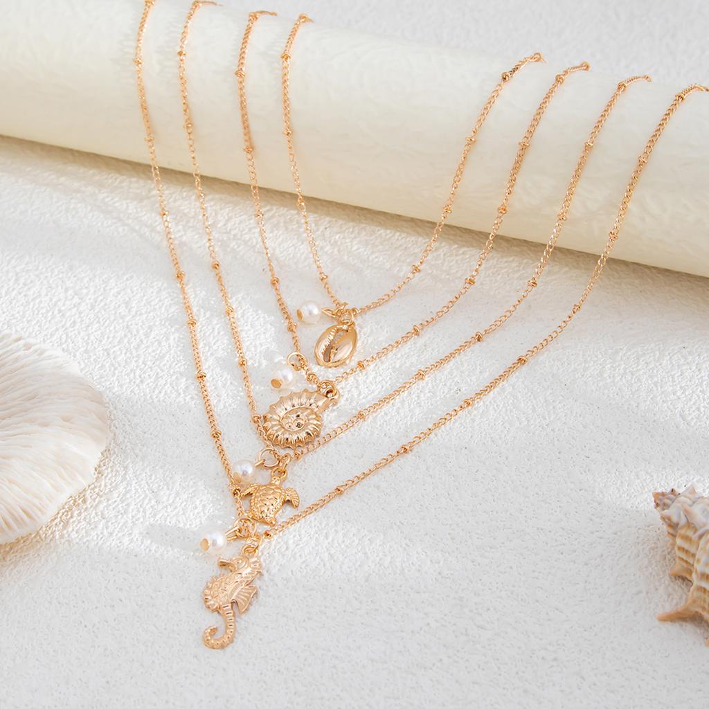 4pcs Adjustable Ocean Charm Pendant Necklace with Turtle and Seahorse Charm for Casual Beach Style Neck Jewelry