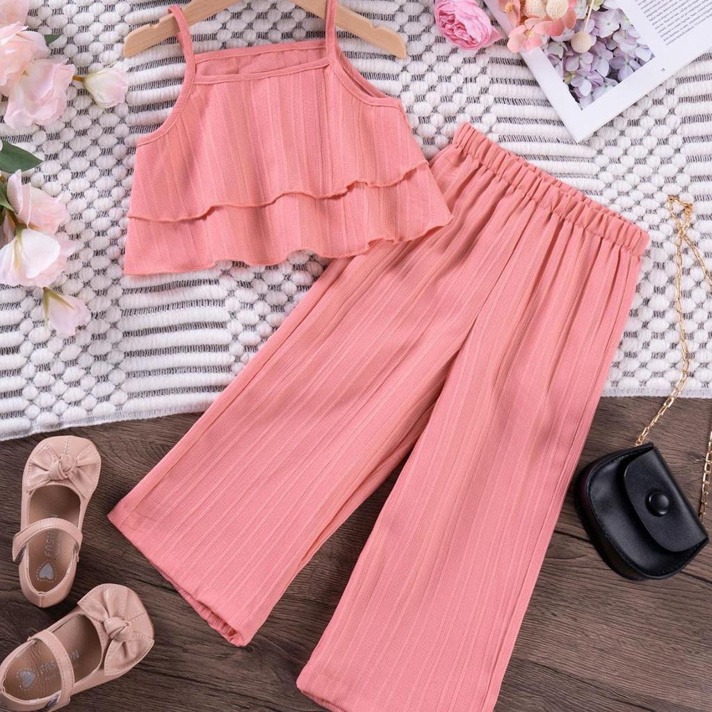 Multi-color Sea Wave Stripe Tank Top & Wide-Leg Pants Set - Stylish Summer Outfit for Girls