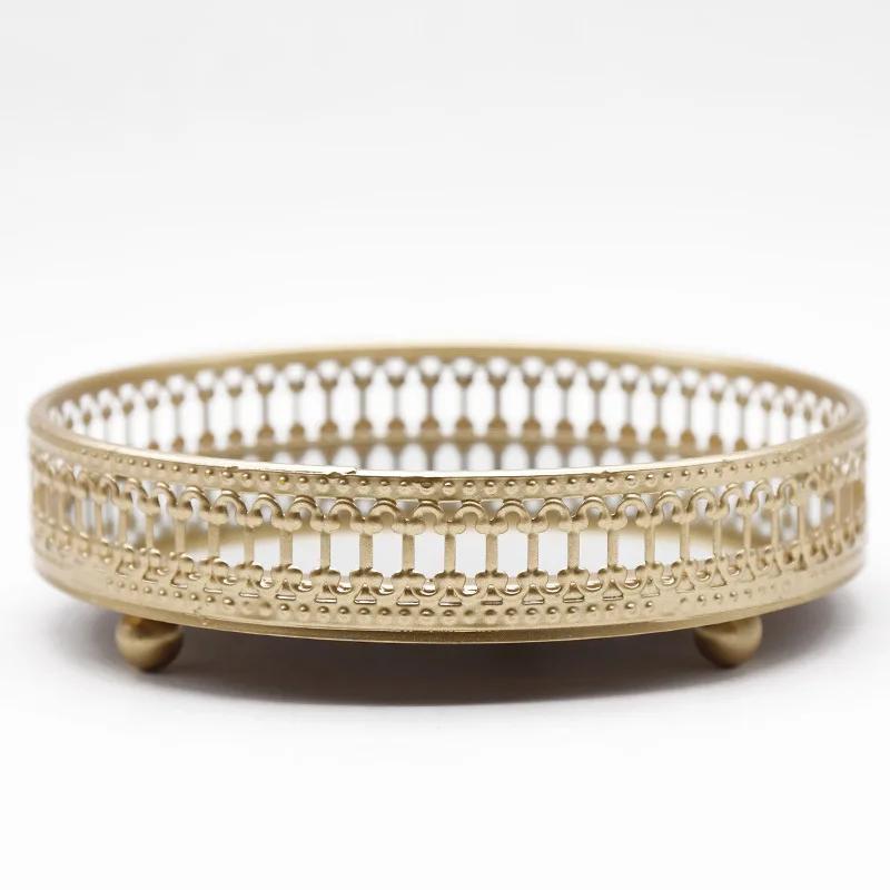 Retro Style Golden Iron Delicate Glass Mirror Base Tray Desktop Jewelry Cosmetic Storage  Bedroom Dessert