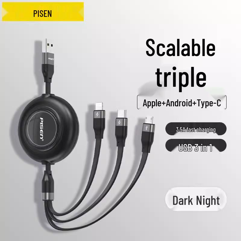 PISEN 3-in-1 Telescopic Data Cable for Apple iPhone 15 & Android Devices