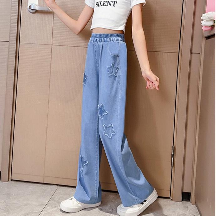 

Летние джинсовые брюки для девочек из ледяного шелка, тонкие брюки с широкими штанинами, свободные детские джинсы для лета 170