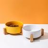 Wooden Rack Ceramic Pet Double Bowl-Integrated Eating & Drinking Basin No Spill Feeder To Protect Small Cats Dogs Necks Supplies