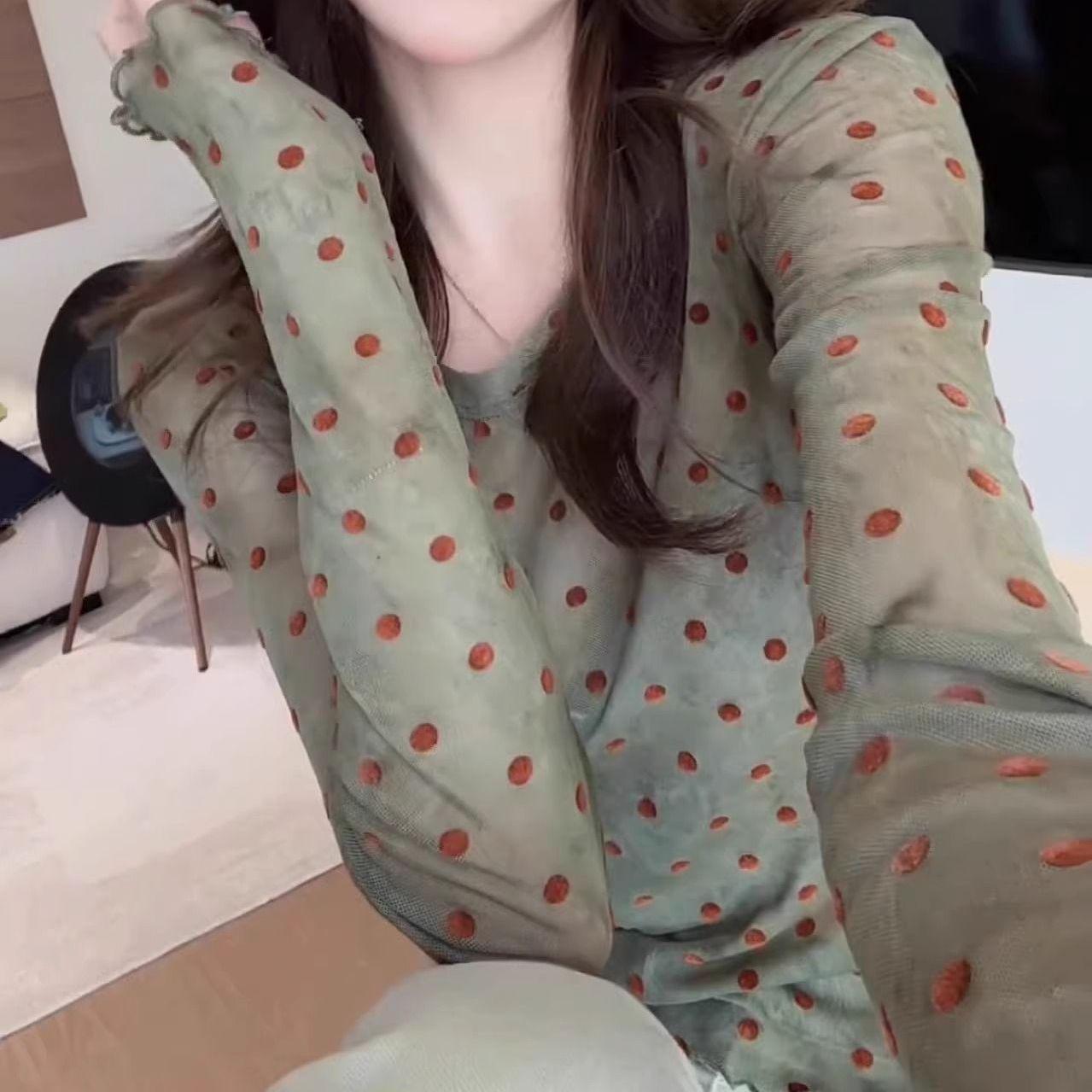 

Hong Kong Style Women s Polka Dot Graphic Long-Sleeve Summer Sun Protection Top S (under 90 jin) зелёный