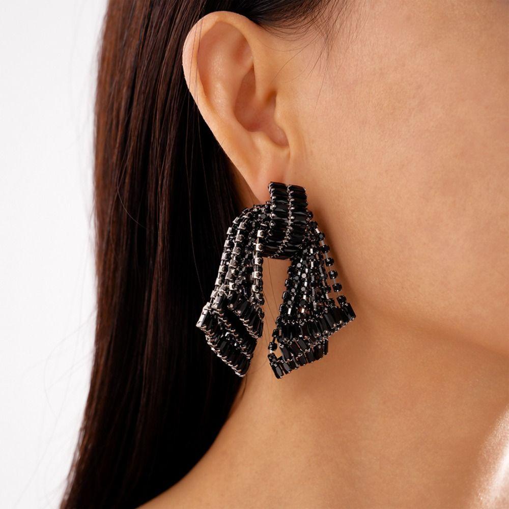 Crystal Bowknot Drop Earrings Tassel Exaggerated Earring Luxury Shining Rhinestone Earrings  Gift