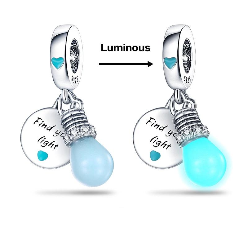 

925 Silver Glow in the Dark Light Blue Bulb Charm Bead DIY Jewelry Fit Bangle Bracelet Necklace Dangle
