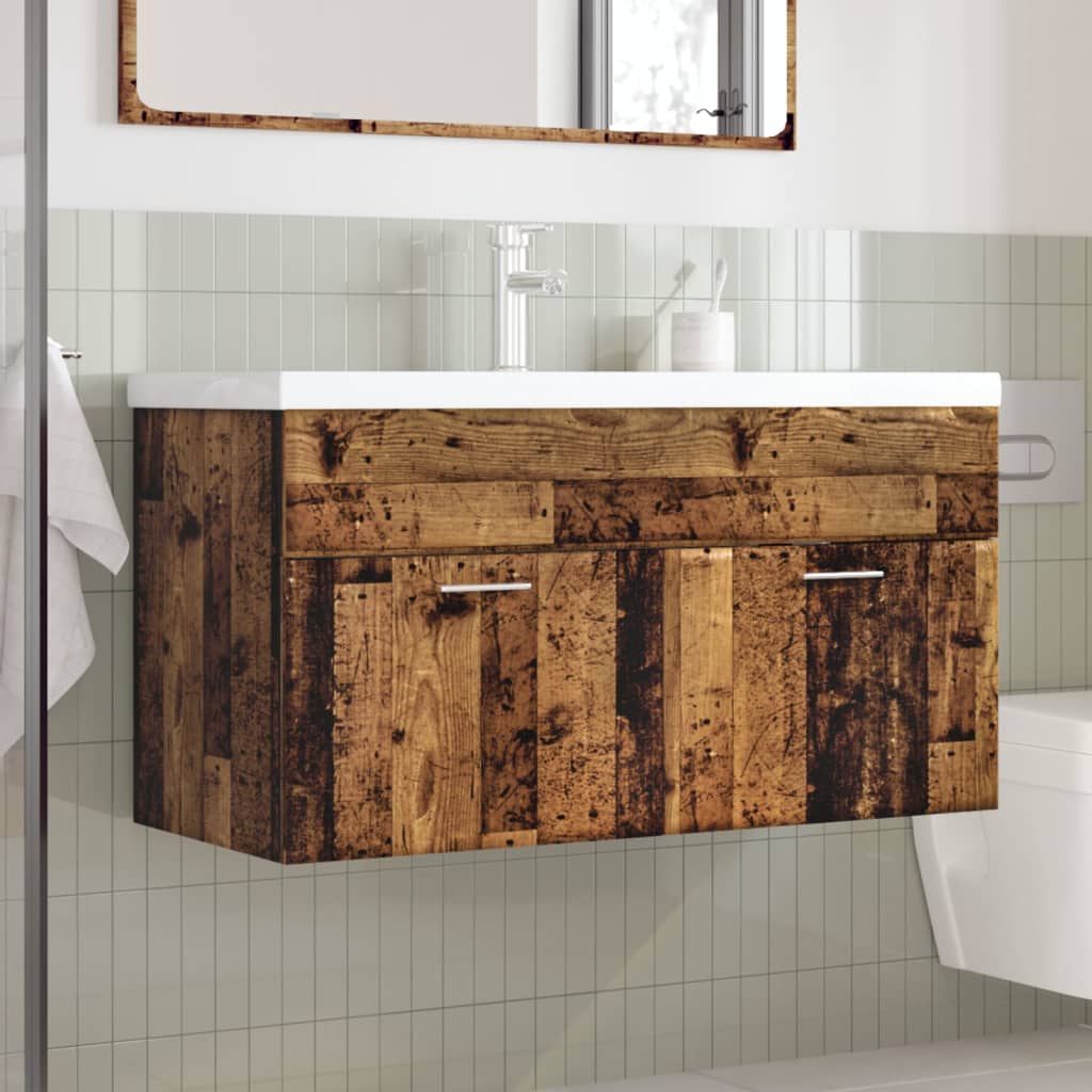Washbasin Cabinet with Built In Basin Rustic Wood Effect