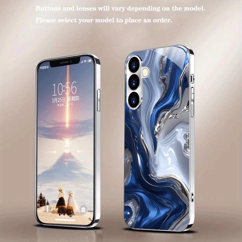 Silver Fluid Marble Pattern Tempered Glass Phone Case Suitable for Samsung Galaxy S26 S25 S24 S22 S21 S20FE Ultra Plus Anti Drop