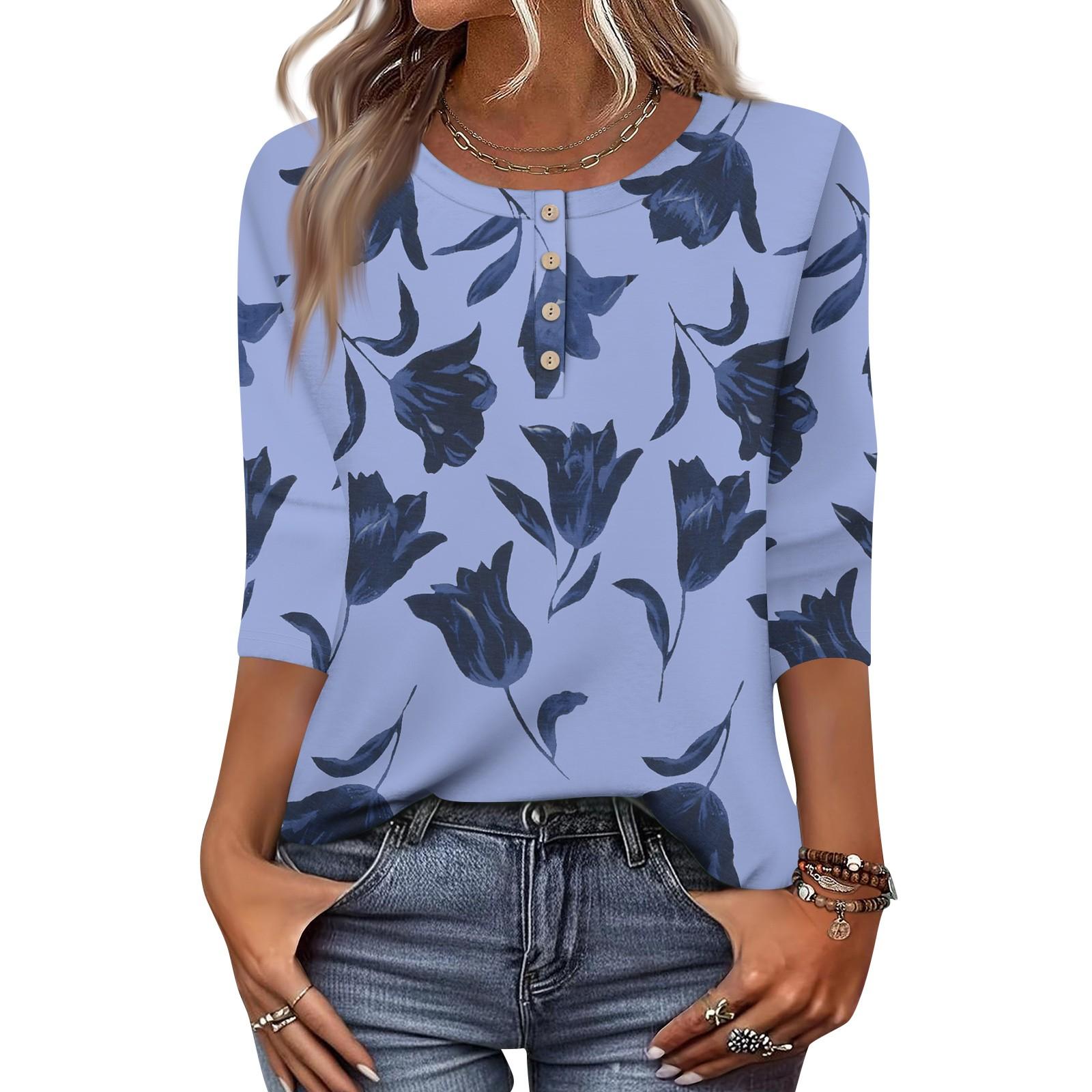

Женские топы с рукавами 3/4 и цветочным принтом, рубашки с застежкой на пол-пуговицы, летняя блузка с круглым вырезом XXL