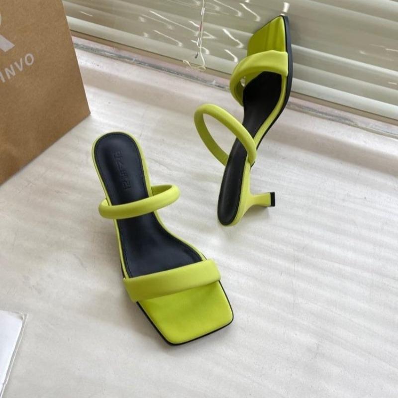 Open Toe High Heeled Sandals Women's 2024 Summer New Square Head Thick Heel Mid-heel Slippers