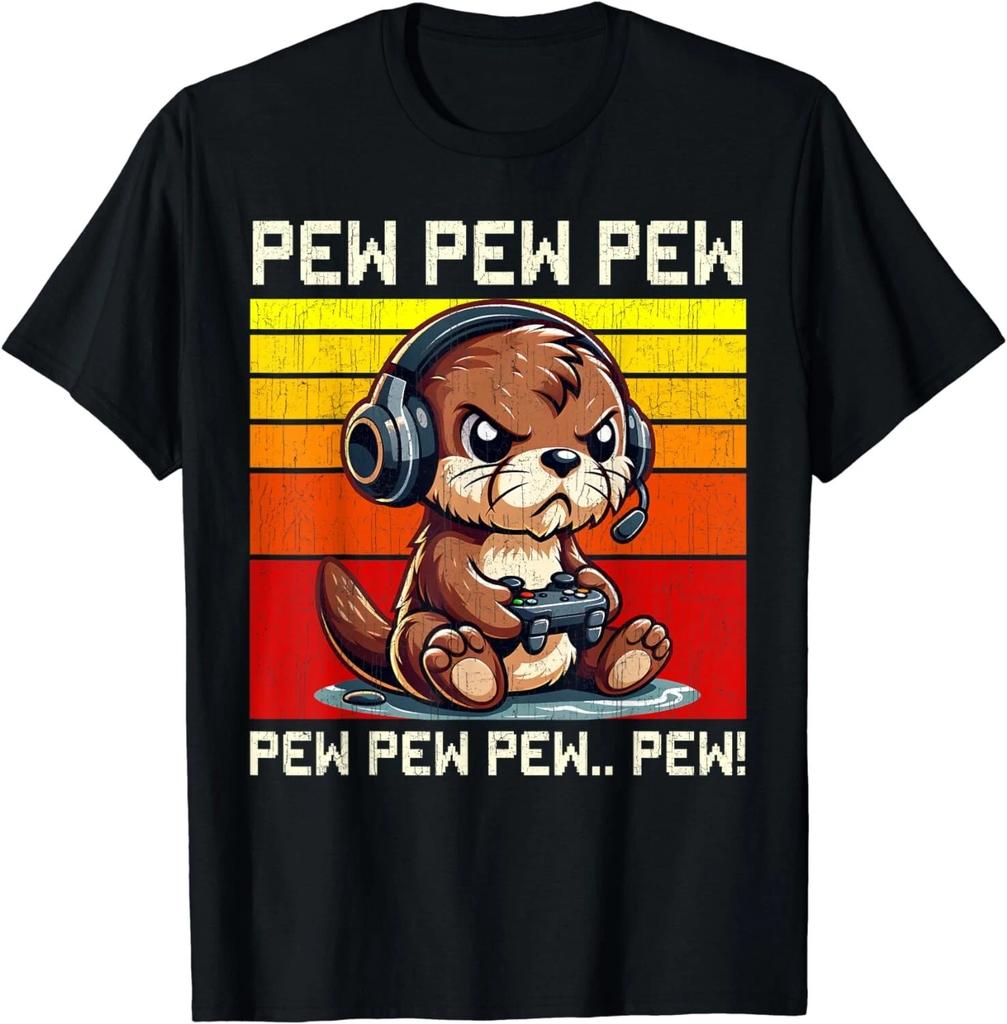 Otter Gamer Pew Funny Video Games Vintage Boys Men Girls Gift Unisex T-Shirt