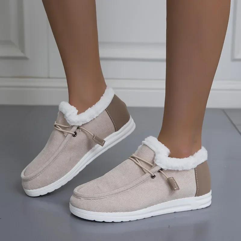 Women Flat Plush Single Shoes Female Canvas Flats Women Autumn Winter New Fashion Comfortable Casual Shoes Plus Size 36-43