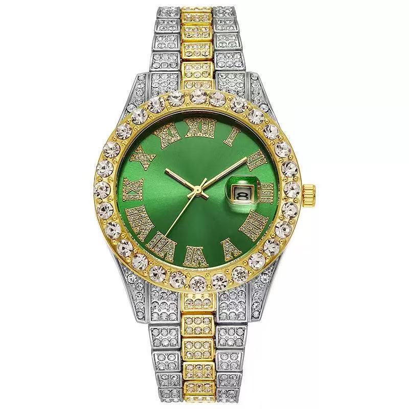 European and American Men's Watches, Steel Belt Diamond-encrusted Calendar Quartz Watches, High-end Roman Scale Business Leisure Watches