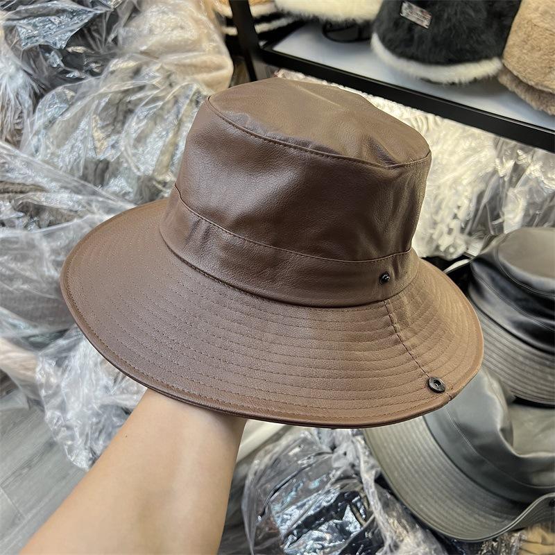 

Western denim style PU leather bucket hat women autumn and winter fashion travel casual visor big eaves hat M（56-58cm） коричневий