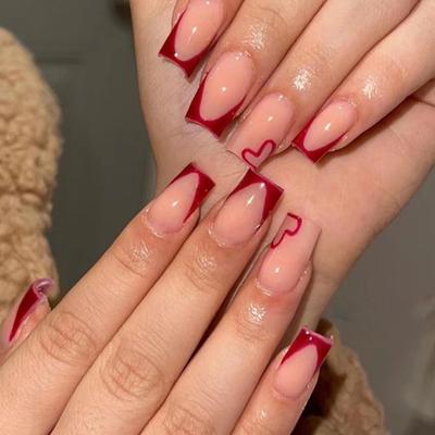 Simple Burgundy French Love European Square Fake Nails European And American Light Luxury Manicure Removable Nail Piece